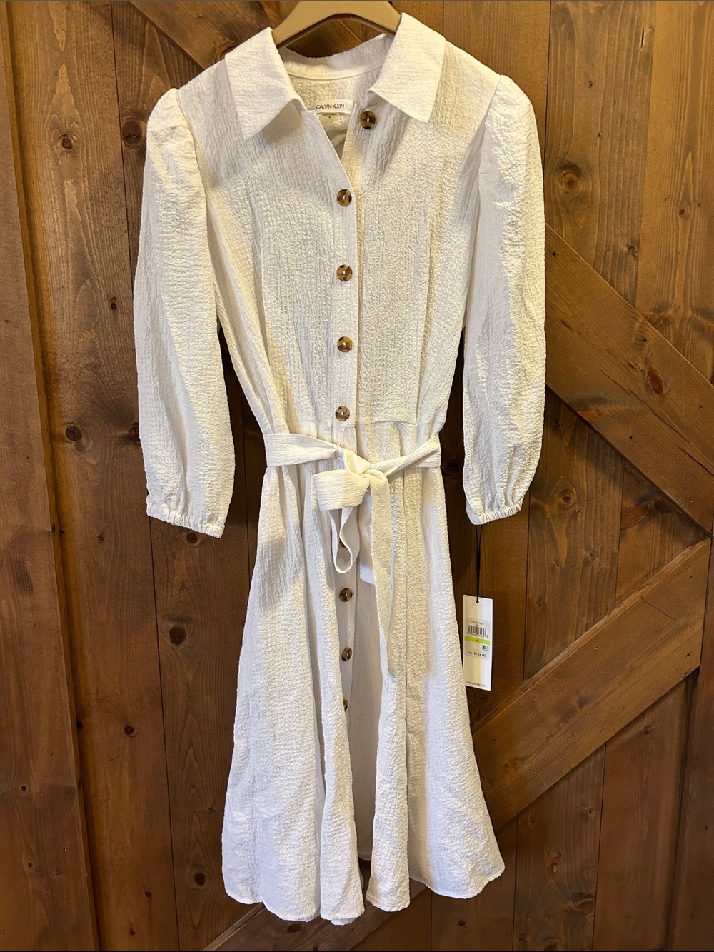 NWT Calvin Klein Textured White Button-Front Dress with Tie Waist